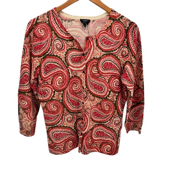 Talbots Cardigan Sweater Womens Medium Pure Merino Wool Paisley 3/4 Sleeve Knit - Picture 1 of 7